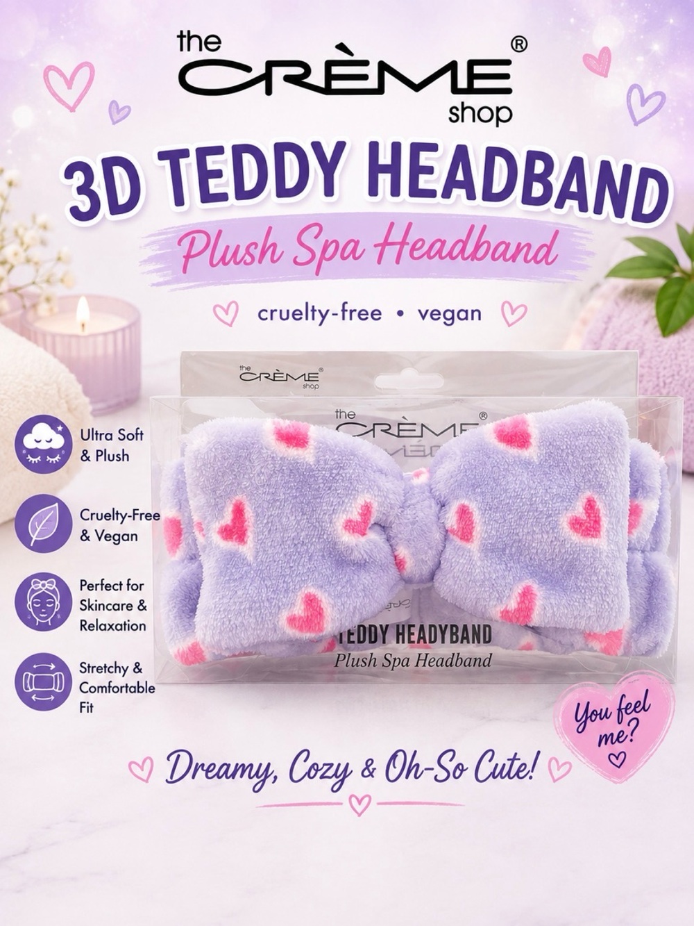The Crème Shop 3D Teddy Headband - Lavender with Pink Hearts Bow